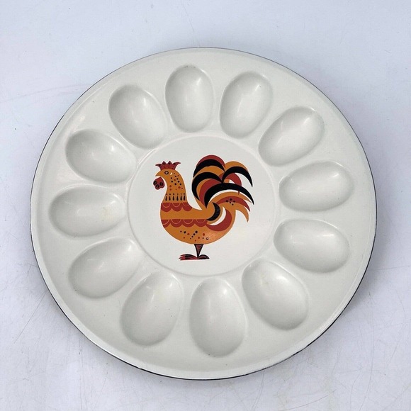Vintage Mid Century Deviled Egg Plate Platter Rooster Lacquer Ware 10" - Picture 3 of 5